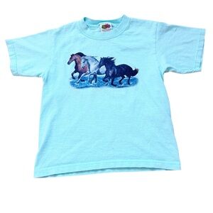 Vintage Fruit of the Loom Arctic Blue Horse Print Tee Size 5 Unisex Cotton